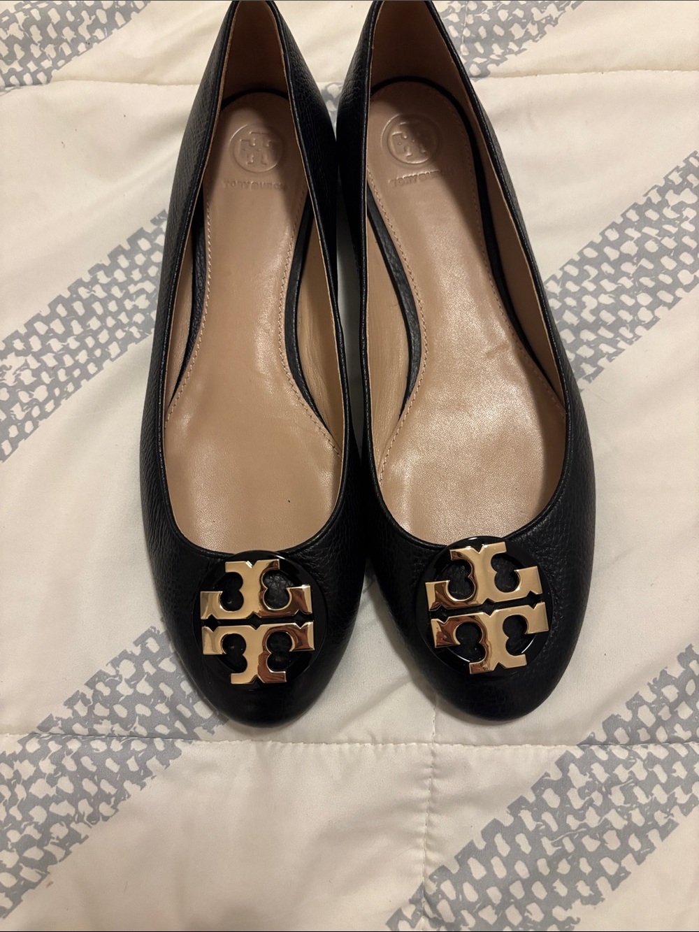 Tory Burch Black Leather Logo Ballet Flats with Gold Emblem